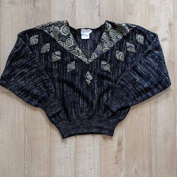 Black & Metallic Gold 1980s Simon Chang Pullover sweater - Picture 2 of 5